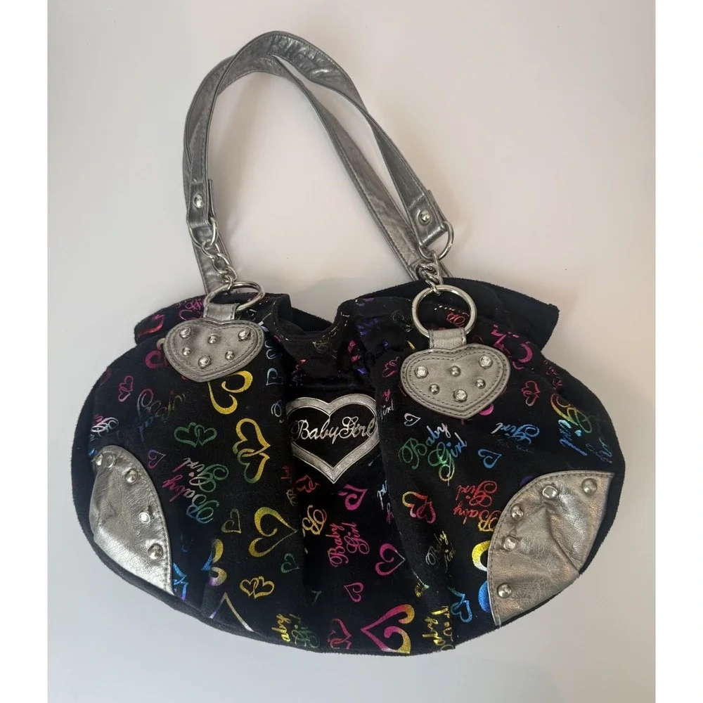 Y2K Baby Girl Heart Shoulder Bag Black Velour Metallic Silver Studded Purse